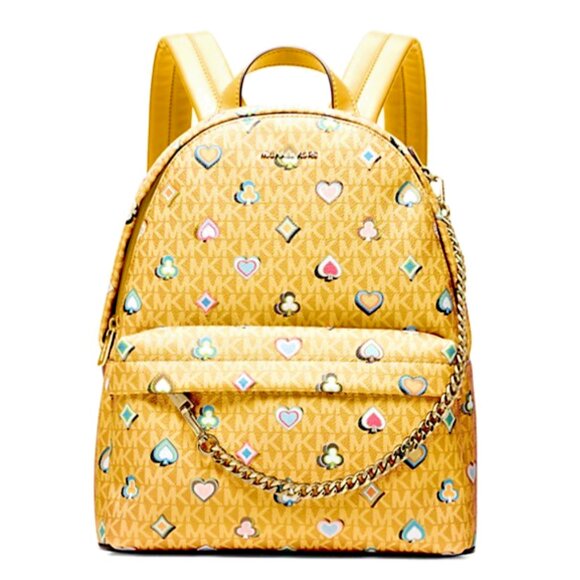 New Michael Kors Slater Medium Printed Signature Logo Backpack Honey Multi - Picture 1 of 5